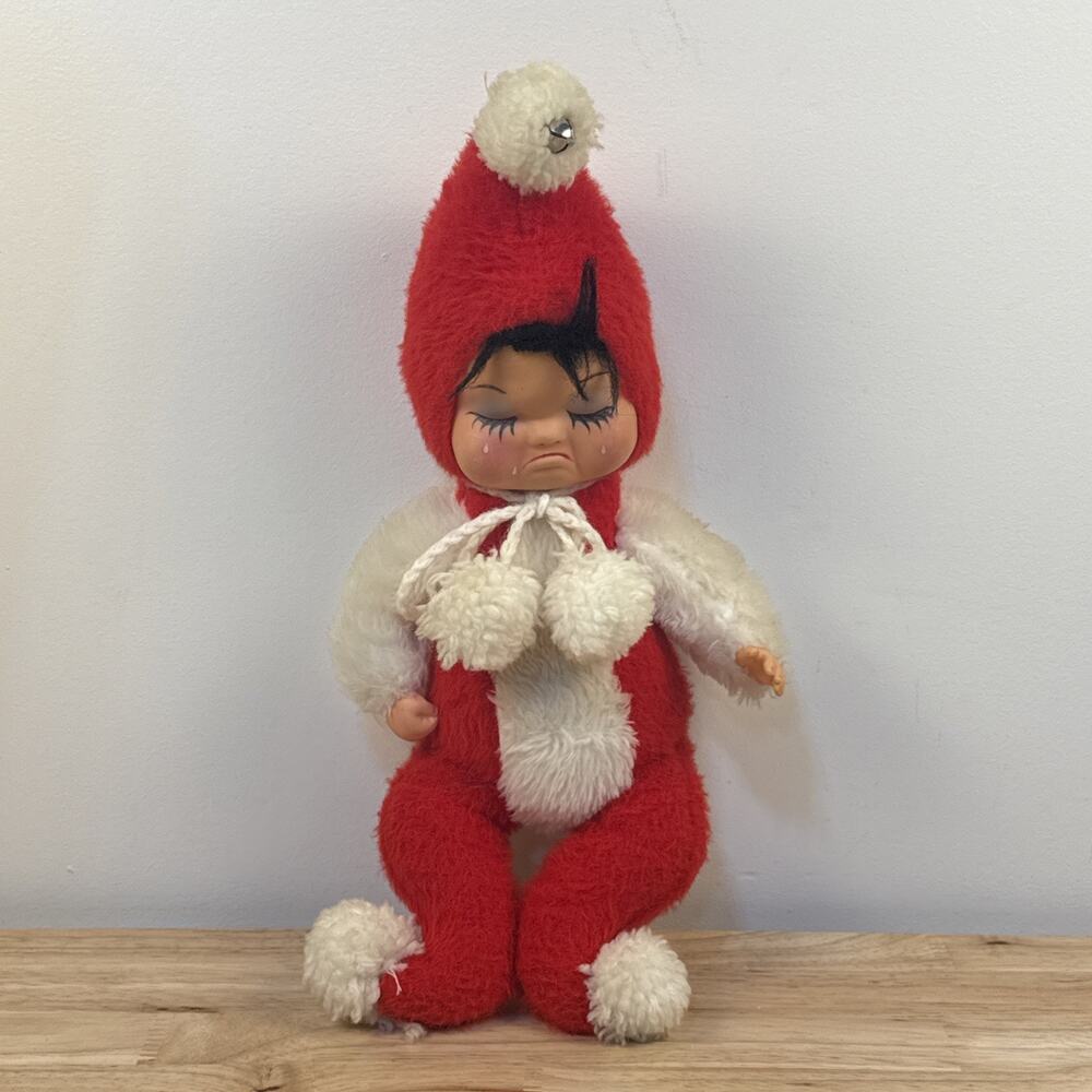 VTG Christmas Rubber Face Plush Doll Crying Red/White 14” With Bell Rushton
